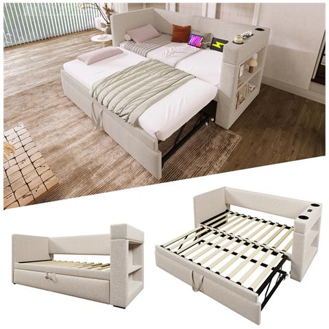 Divano Letto Imbottito 90x190 Cm, Letto Singolo Divano Letto Con Letto A Scomparsa, Braccioli Con Usb, Porta Di Ricarica Type-c E Portabicchieri, Tessuto Misto Lino, Beige, Senza Materasso. - Foto 4