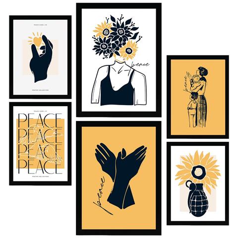 Set Di 6 Stampe Con Inchiostro Nero Fai L'amore, Non La Guerra. Stampe Artistiche Di Mare E Oceano Per L'interior Design. A3 & A4 Cornice Nera - Foto 1