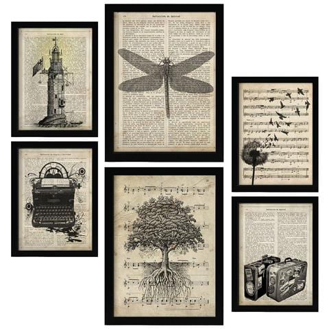 Set Di 6 Stampe Poster Di Carta Seppia Con Disegni Vintage In Stile Retrò Con Temi Naturalistici E Di Viaggio Su Sfondi Di Enciclopedia A3 & A4 Senza Cornice - Foto 1