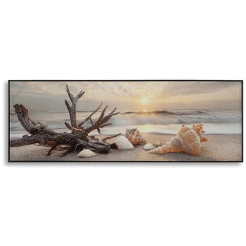 Stampa Su Tela Laccata Beach Conchiglie E Driftwood Panoramica Con Cornice Nera - Foto 1
