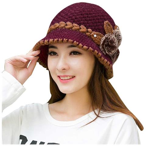 SLOWMOOSE - Inverno Caldo Casual Bella Lana Lavorata All\u0026#39; uncinetto Con  Fiori Decorati Orecchie Cappelli [ rosa Caldo-691] - ePRICE