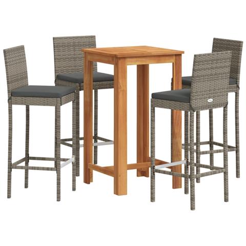 Set Bar Giardino 5pz Grigio Legno Massello Acacia E Polyrattan - Foto 1