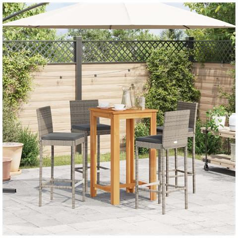 Set Bar Giardino 5pz Grigio Legno Massello Acacia E Polyrattan - Foto 2