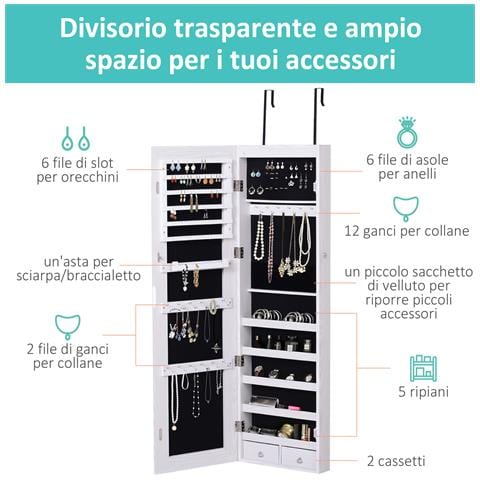 Specchiera Portagioielli con 6 Luci LED e Spazi Portaoggetti in Legno e Vetro, 37x120x10 cm, color Legno Bianco - Foto 2