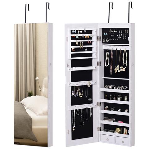 Specchiera Portagioielli con 6 Luci LED e Spazi Portaoggetti in Legno e Vetro, 37x120x10 cm, color Legno Bianco - Foto 1