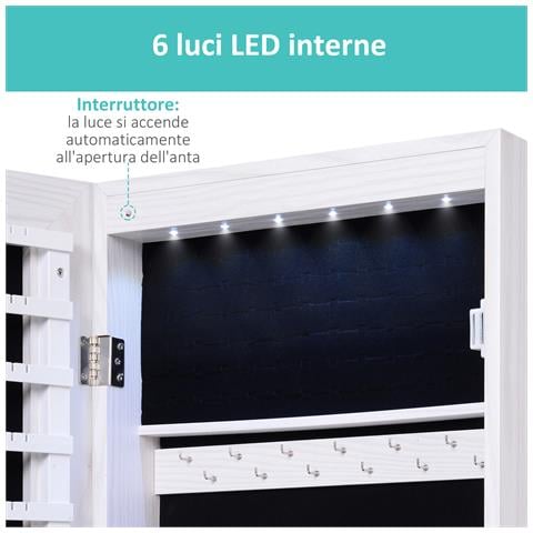 Specchiera Portagioielli con 6 Luci LED e Spazi Portaoggetti in Legno e Vetro, 37x120x10 cm, color Legno Bianco - Foto 6
