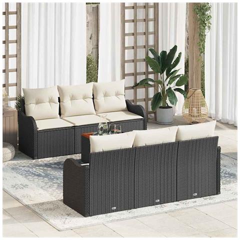 Set Divano da Giardino  7 Pezzi con Cuscini Rattan Poliestere Nero, Divano da Giardino bidimensionale  con Cuscini Rattan Poliestere Nero - Foto 2