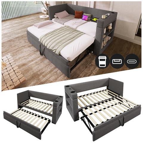 Divano Letto Imbottito 90x190 Cm, Letto Singolo Divano Letto Con Letto A Scomparsa, Braccioli Con Usb, Porta Di Ricarica Type-c E Portabicchieri, Tessuto Misto Lino, Grigio, Senza Materasso. - Foto 2