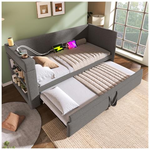 Divano Letto Imbottito 90x190 Cm, Letto Singolo Divano Letto Con Letto A Scomparsa, Braccioli Con Usb, Porta Di Ricarica Type-c E Portabicchieri, Tessuto Misto Lino, Grigio, Senza Materasso. - Foto 1