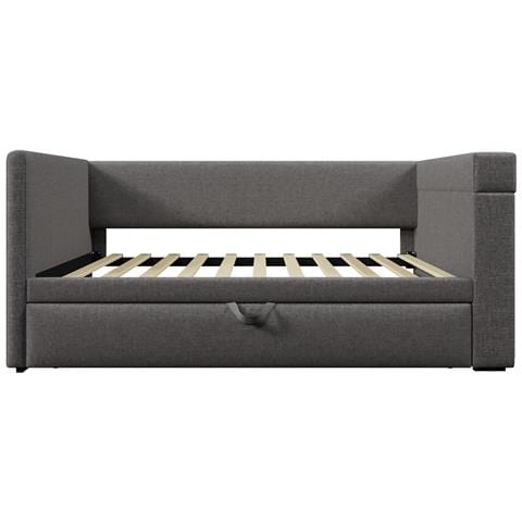 Divano Letto Imbottito 90x190 Cm, Letto Singolo Divano Letto Con Letto A Scomparsa, Braccioli Con Usb, Porta Di Ricarica Type-c E Portabicchieri, Tessuto Misto Lino, Grigio, Senza Materasso. - Foto 4