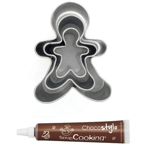 3 Mini Tagliabiscotti In Acciaio Inox Omino Di Marzapane + Penna Alimentare Al Cioccolato - Foto 2