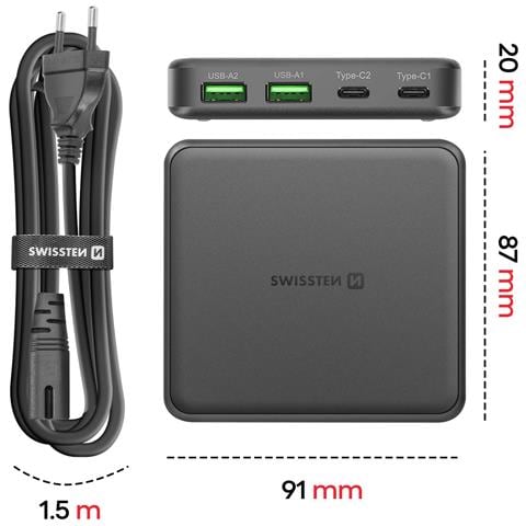 Hub Di Ricarica Gan 65w Per Tablet / Computer Multiporta Con 2 Usb-c / 2 Usb-a, Nero - Foto 2