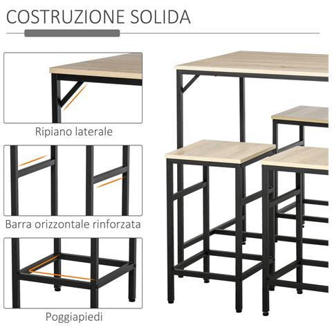Set Tavolo Alto Con 4 Sgabelli Stile Industriale In Metallo E Legno, Rovere Chiaro - Foto 2