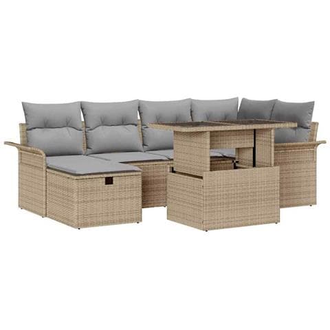 Set divano da giardino  7 Pezzi con cuscini Rattan Polietilene Beige, Divano da giardino  2 posti con contenitore e cuscini Rattan Polietilene Beige - Foto 1