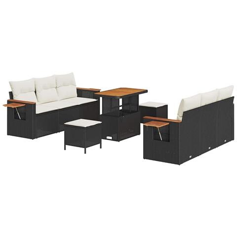 Set Divano Giardino  9 Pezzi con Cuscini Nero Polyrattan Acacia, Set da Pranzo Giardino  3 Pezzi con Cuscini Nero Polyrattan Acacia - Foto 1