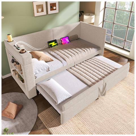 Divano Letto Imbottito 90x200 Cm, Letto Singolo Divano Letto Con Letto A Scomparsa, Braccioli Con Usb, Porta Di Ricarica Type-c E Portabicchieri, Tessuto Misto Lino, Beige, Senza Materasso. - Foto 1