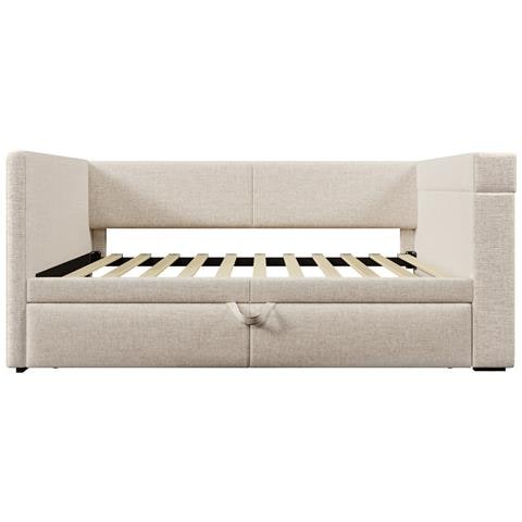 Divano Letto Imbottito 90x200 Cm, Letto Singolo Divano Letto Con Letto A Scomparsa, Braccioli Con Usb, Porta Di Ricarica Type-c E Portabicchieri, Tessuto Misto Lino, Beige, Senza Materasso. - Foto 2