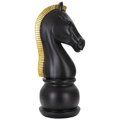 Scultura Cavallo Degli Scacchi Grande In Resina Nera Con Criniera Oro - Foto 1