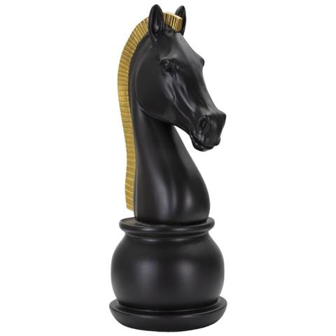 Scultura Cavallo Degli Scacchi Grande In Resina Nera Con Criniera Oro - Foto 2