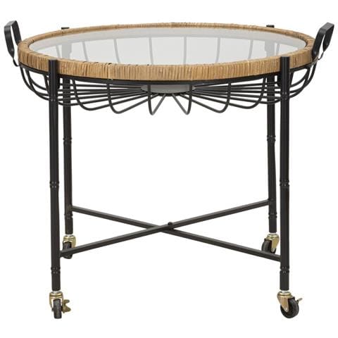 Tavolino Cebu Con Piano In Vetro E Ruote, Ferro E Rattan — 70,5x65x57 Cm - Foto 2