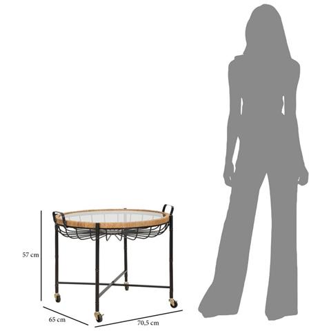 Tavolino Cebu Con Piano In Vetro E Ruote, Ferro E Rattan — 70,5x65x57 Cm - Foto 8
