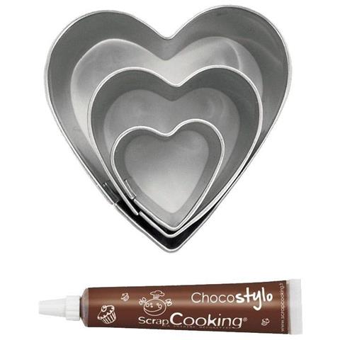 3 Mini Tagliabiscotti In Acciaio Inox Cuori + Penna Alimentare Al Cioccolato - Foto 2
