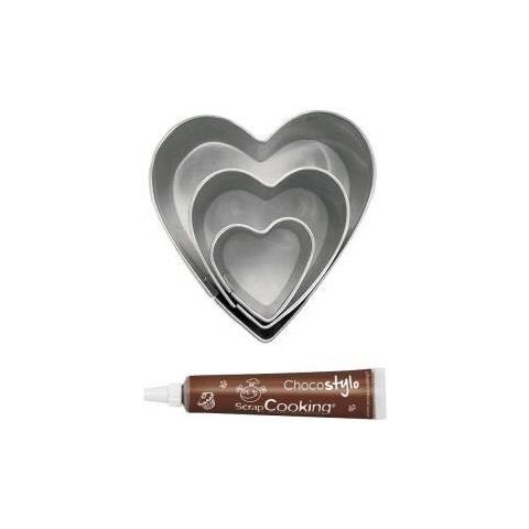 3 Mini Tagliabiscotti In Acciaio Inox Cuori + Penna Alimentare Al Cioccolato - Foto 1