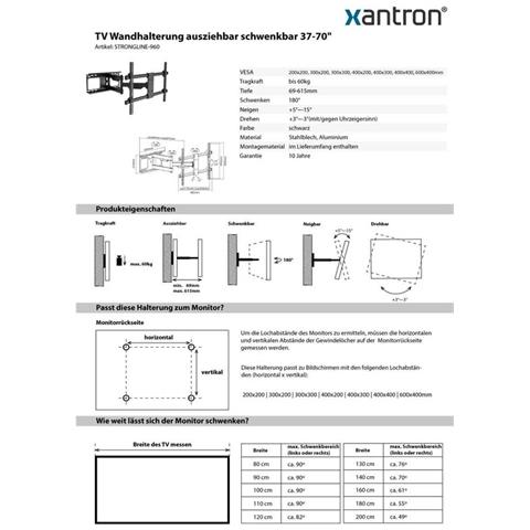 Supporto A Parete Per Monitor Tv 37-70"" Completamente Mobile, Estensibile, Orientabile, Orientabile, Inclinabile, Girevole, Strongline-960 - Foto 2