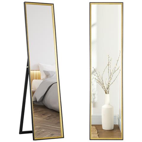 Specchio a Figura Intera con Supporto Posteriore e Cornice, in Legno e Vetro, 37x3x157 cm, Nero e Oro - Foto 1