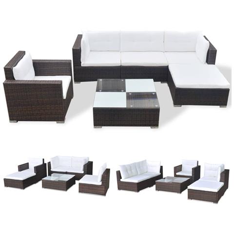 Set Divani Da Giardino 6 Pz Con Cuscini In Polyrattan Marrone - Foto 1