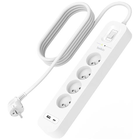 Cavo Di Prolunga Multiplo A 4 Prese Con Protezione Dai Fulmini, Usb E Usb-c 2 M, Bianco - Foto 1