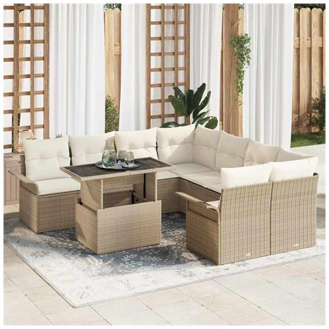 Set di Divani da Giardino  9 Pezzi con Cuscini Beige in Polyrattan, Divano da Giardino  2 Posti con Ripostiglio e Cuscini Beige in Polyrattan - Foto 2