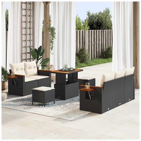 Set di Sofà da Giardino da 8 Pezzi con Cuscini Nero Polyrattan Acacia, Set da Pranzo da Giardino da 3 Pezzi con Cuscini Nero Polyrattan Acacia - Foto 2