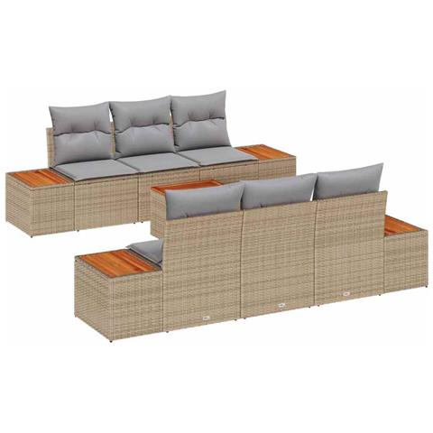 Set Divano da Giardino a 7 Pezzi con Cuscini Beige Rattan Polietilene Acacia - Foto 1