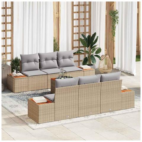 Set Divano da Giardino a 7 Pezzi con Cuscini Beige Rattan Polietilene Acacia - Foto 2