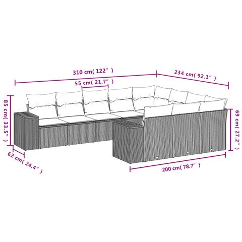 Set Divani da Giardino 10pz con Cuscini in Polyrattan Marrone - Foto 3