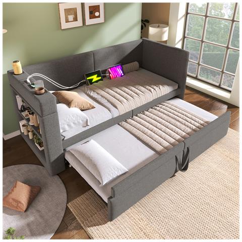 Divano Letto Imbottito 90x200 Cm, Letto Singolo Divano Letto Con Letto A Scomparsa, Braccioli Con Usb, Porta Di Ricarica Type-c E Portabicchieri, Tessuto Misto Lino, Grigio, Senza Materasso. - Foto 1