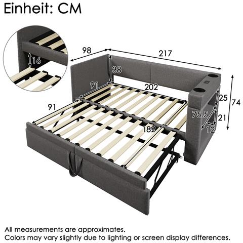Divano Letto Imbottito 90x200 Cm, Letto Singolo Divano Letto Con Letto A Scomparsa, Braccioli Con Usb, Porta Di Ricarica Type-c E Portabicchieri, Tessuto Misto Lino, Grigio, Senza Materasso. - Foto 2
