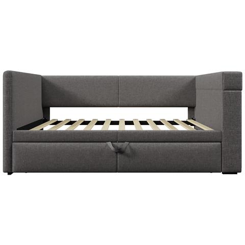 Divano Letto Imbottito 90x200 Cm, Letto Singolo Divano Letto Con Letto A Scomparsa, Braccioli Con Usb, Porta Di Ricarica Type-c E Portabicchieri, Tessuto Misto Lino, Grigio, Senza Materasso. - Foto 4