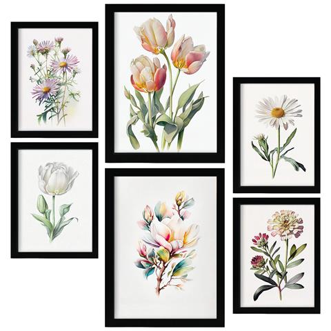 Set Di 6 Stampe Fiori Pastello Stampe Naturalistiche E Botaniche A Colori Con Motivi Floreali Su Sfondi Bianchi Puri Design D'interni A3 & A4 Senza Cornice - Foto 1