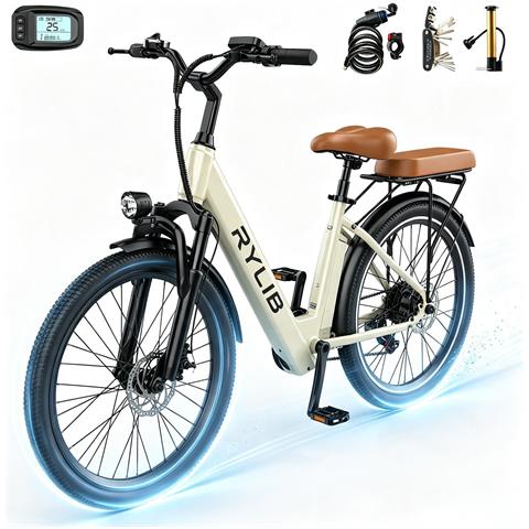 24 Pollici Bicicletta Elettrica Urbana per Adulti SU7 Batteria 36V 13Ah 7 Velocità Display LCD con sblocco NFC 250W 25KM /H 30-60km E-Bike Beige per Uomo e Donna - Foto 1