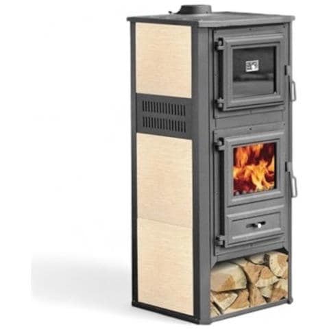 Stufa Riscaldamento A Legna Con Forno Struttura In Acciaio 11.3 Kw Rivestimento Ghisa E Maioliche - Beige - Foto 1