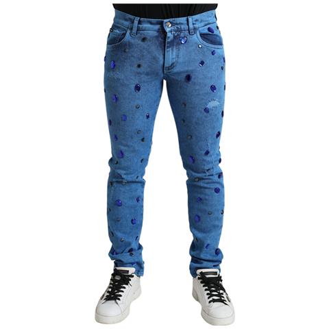 Jeans Skinny In Denim Impreziositi Da Cristalli Blu - It48 - M - Foto 1