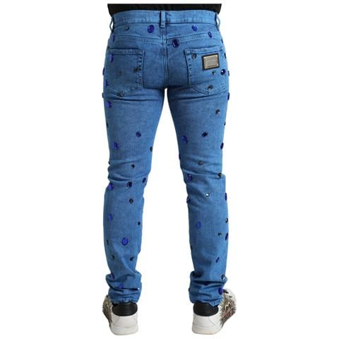 Jeans Skinny In Denim Impreziositi Da Cristalli Blu - It48 - M - Foto 2