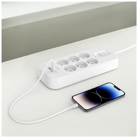 Striscia Di Alimentazione A 6 Prese Con Protezione Lightning, Usb E Usb-c, Bianco - Foto 2