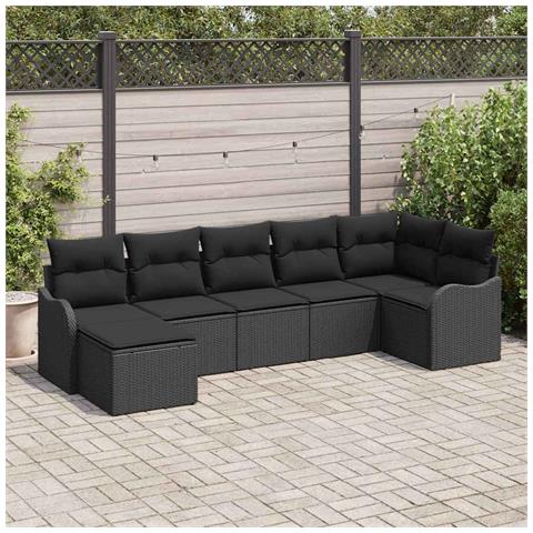 Set Divano da Giardino  7 Pezzi con Cuscini Rattan Polietilene Nero, Set Divano da Giardino  2 Posti con Cuscini Rattan Polietilene Nero - Foto 2