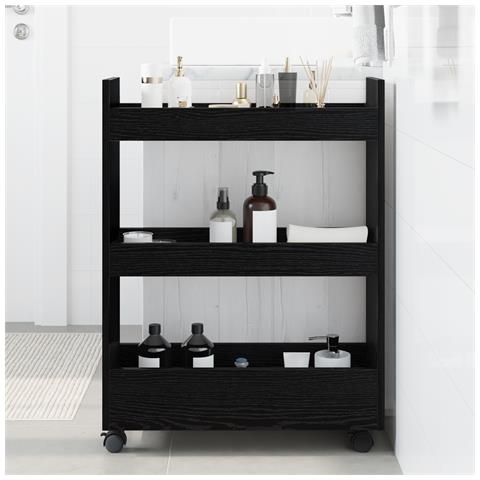 Carrello di Stoccaggio Stretto a 3 Ripiani in Rovere Nero Legno Ingegnerizzato - Foto 2