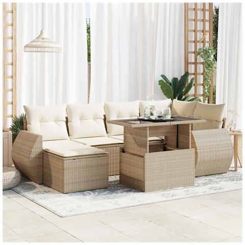 Set Divani da Giardino 7 pz con Cuscini Beige in Polyrattan - Foto 2