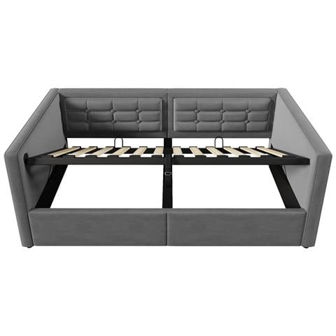 Divano Letto Imbottito 90x190 Cm, Divano Letto Singolo Con Contenitore Idraulico E Stazione Di Ricarica Usb & Type-c, Letto Occasionale Con Rete A Doghe In Legno, Grigio, Velluto, Senza Materasso - Foto 4