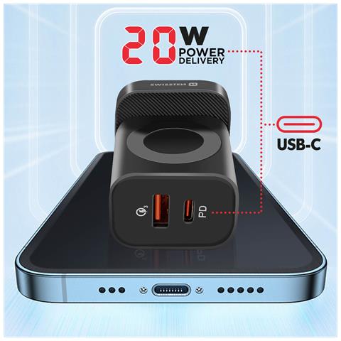 Caricatore Da Parete 22,5w Usb E Usb-c E Pad Magnetico Per Apple Watch, Nero - Foto 2